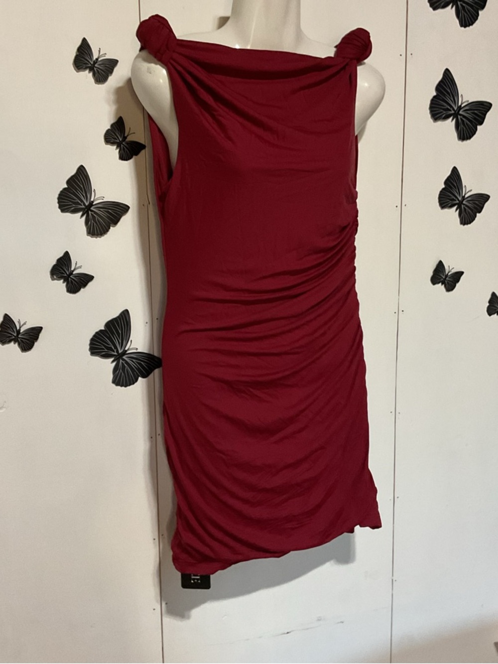 Sleeveless Knot-Shoulder Ruched Red Dress